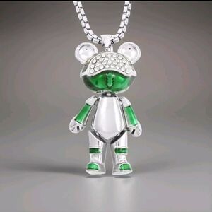 Green Enameled Astronaut Bear with Austrian Crystal Accents in Stainless Steel